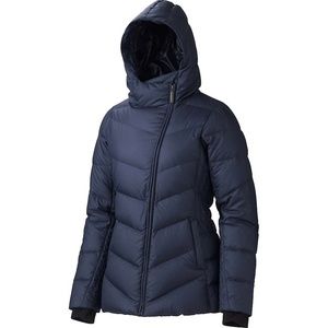 Women's Marmot Carina down hooded jacket navy blue size M medium 700 fill